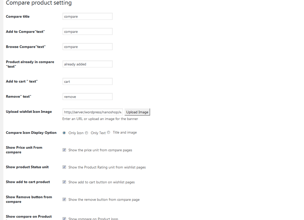 Compare products settings
