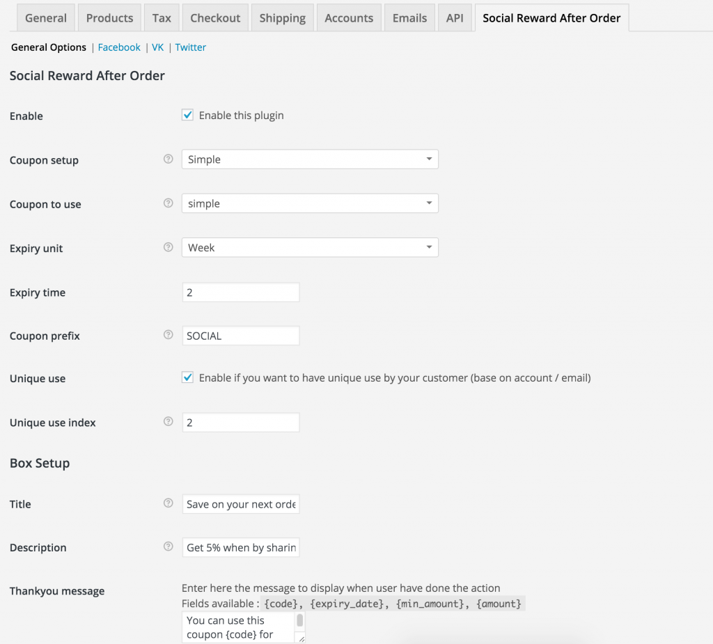 social reward after order option in the admin panel