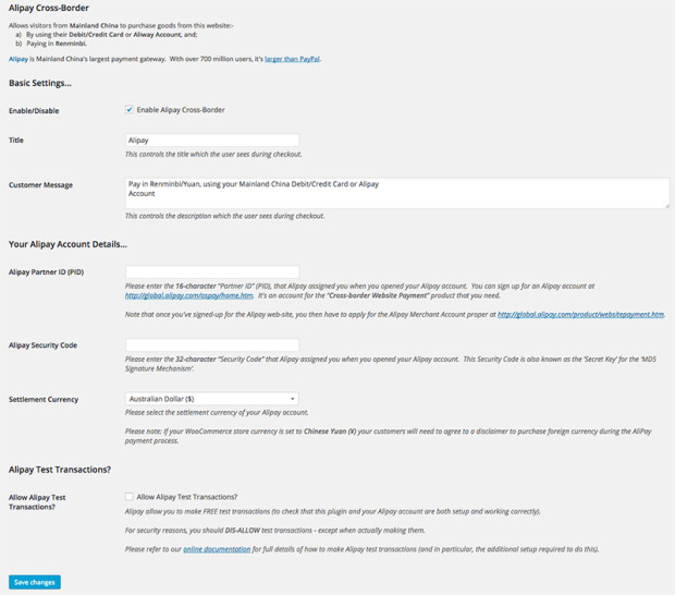 Alipay cross border plugin settings